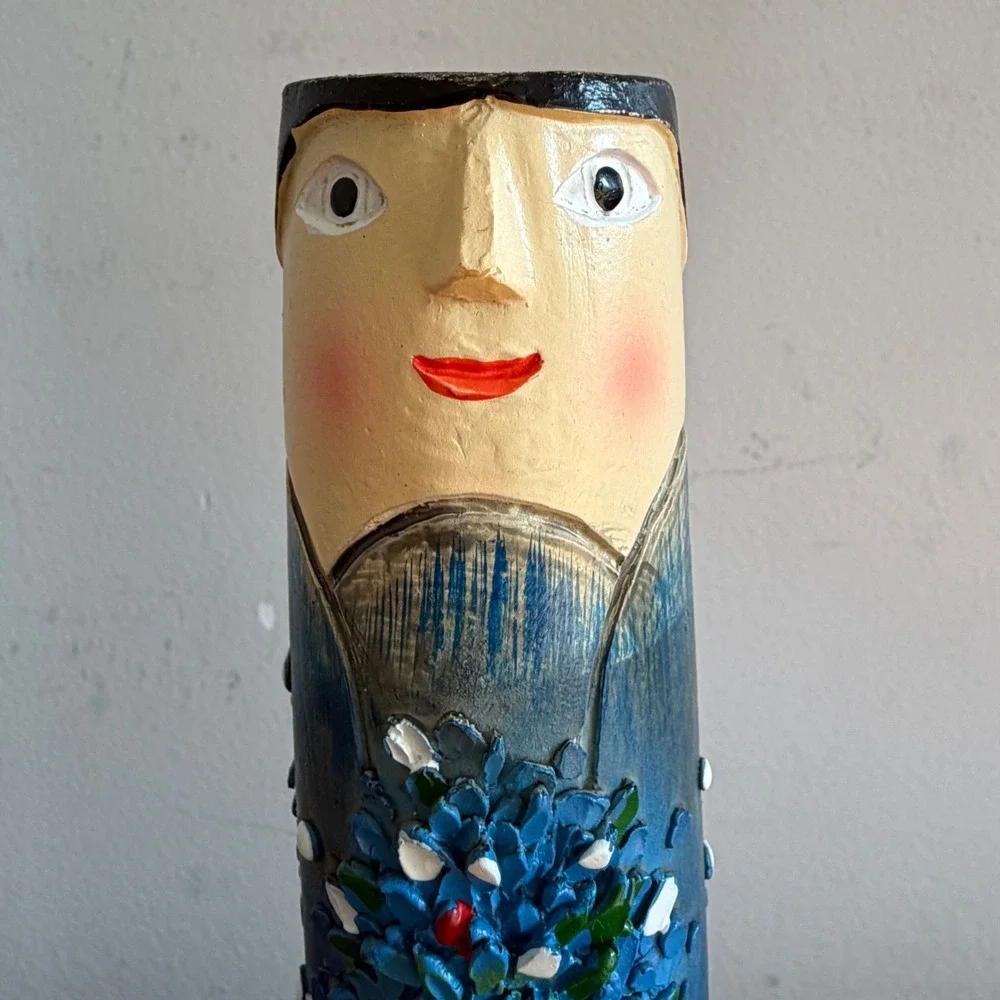 Vintage Folk Art Hand Painted Face Bud Vase Whimsical Blue Floral Pottery 7.25in